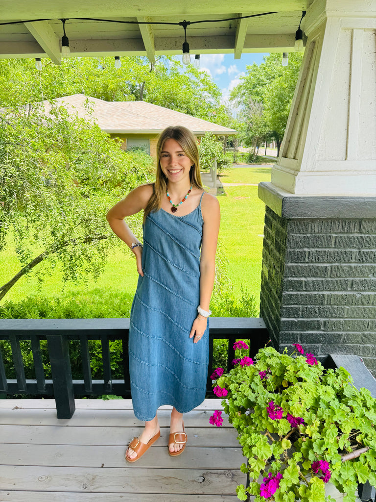 dixie maxi dress DENIM Medium Wash / S featuring a fitted bust Wood:Saddle Cherry Maxi dress rhinestone aplique Oscar de la Renta