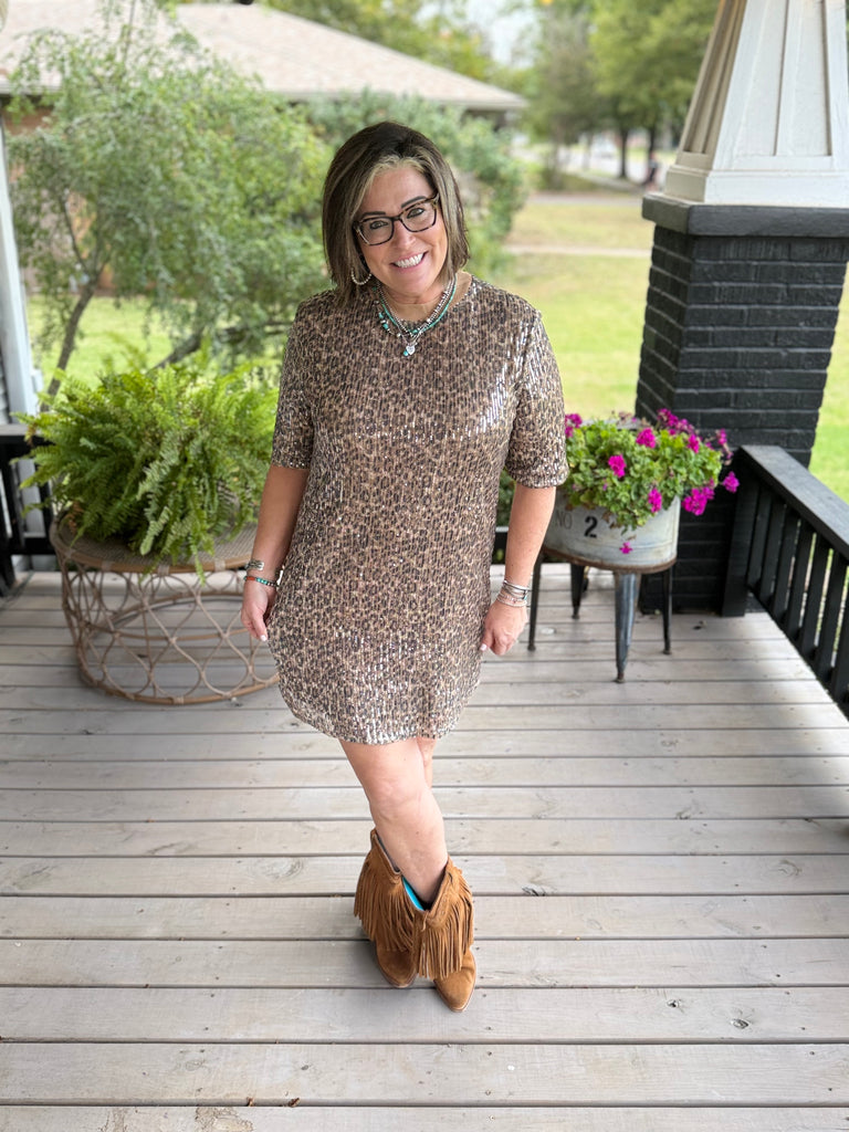 sequin dress with cowboy boots CONFETTI SEQUIN DRESS Leopard Combo / S